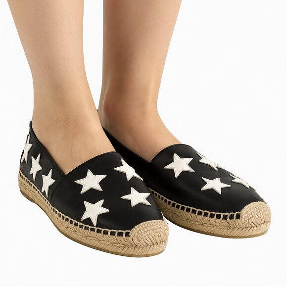 Saint Laurent Black White Star Leather Espadrilles Flats - Picture 1 of 14